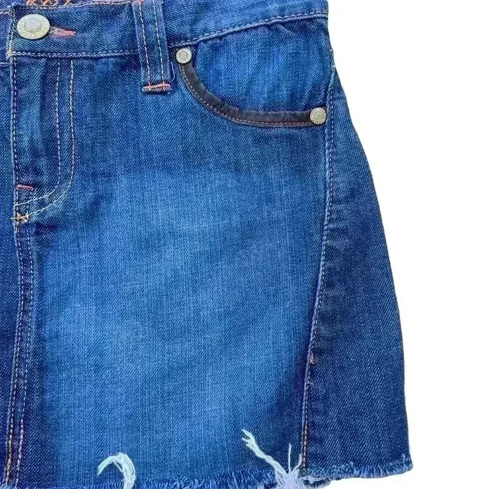 OLD NAVY SPECIAL EDITION DENIM SKIRT•SIZE 4•DARK WASH LEATHER TRIM 5 POCKETS•